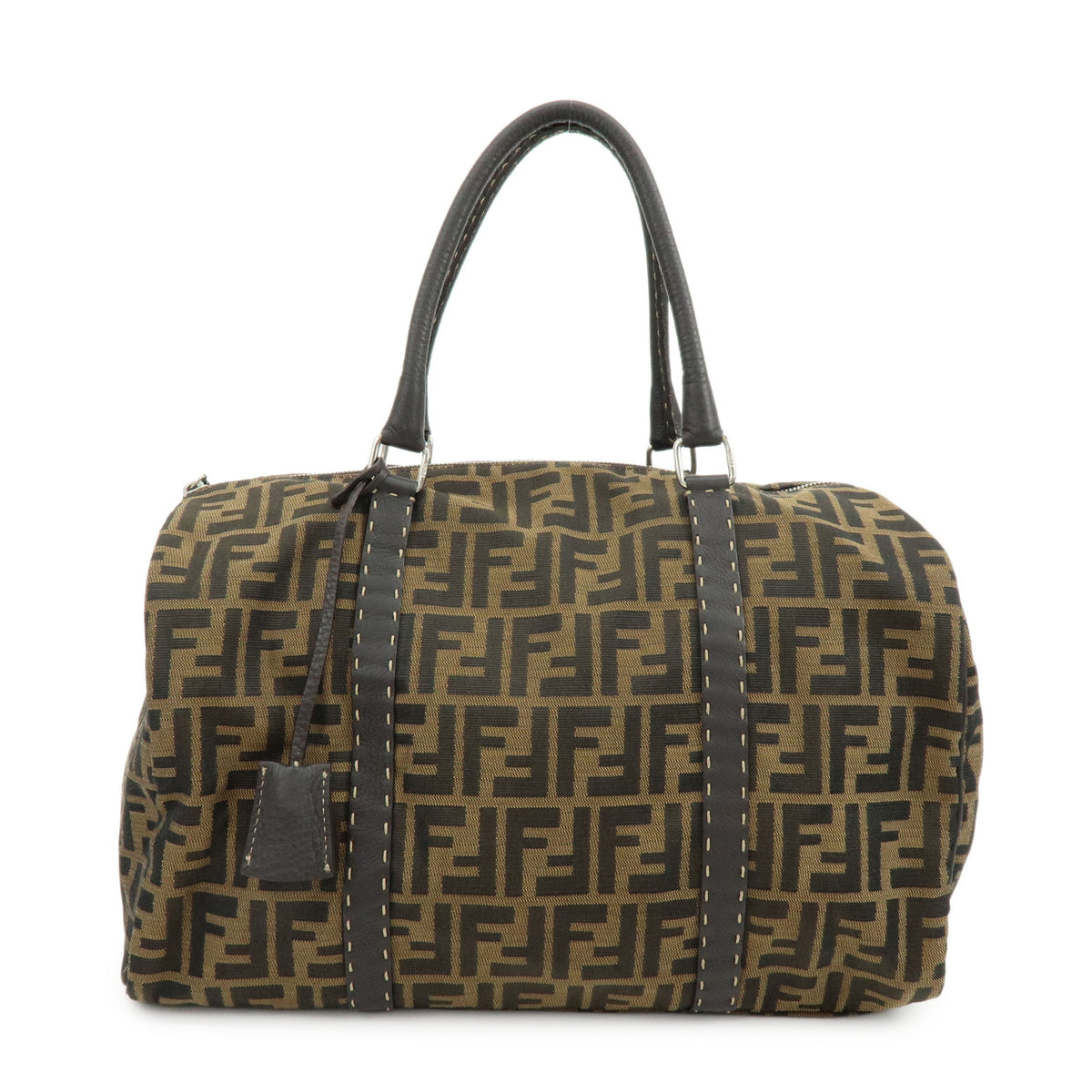 FENDI Zucca Selleria Jacquard Leather Shoulder Bag Boston Bag Brown