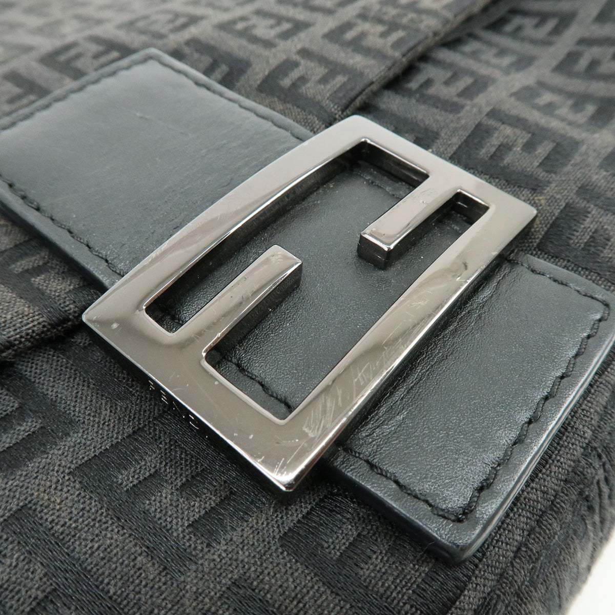 FENDI Mamma Baguette Zucchino Canvas Leather Shoulder Bag Black 8BR001