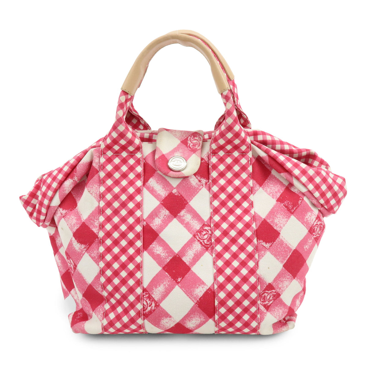 CHANEL Cruise Line Canvas Leather Gingham Hand Bag Tote Bag Pink A49918