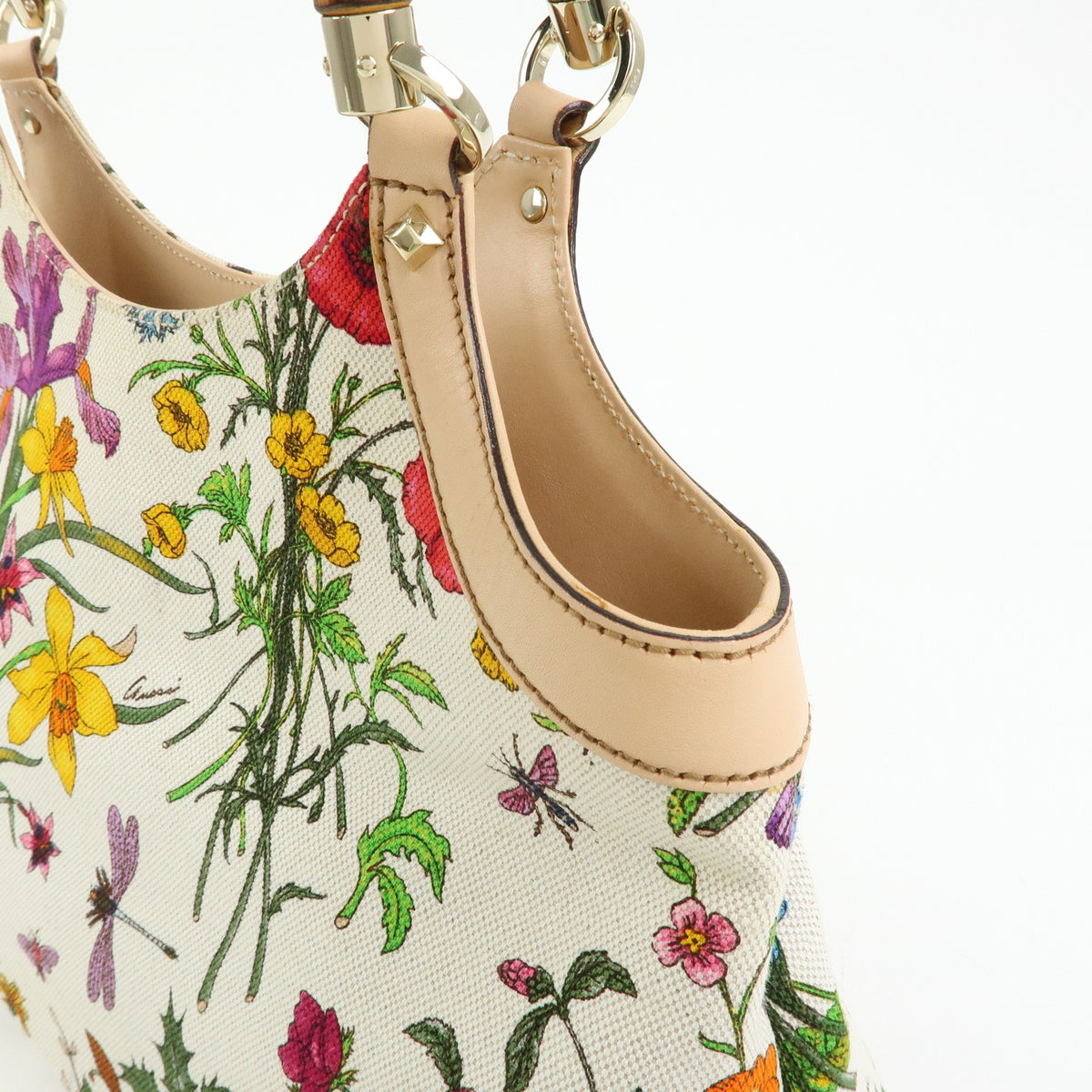 GUCCI Flora Bamboo Canvas Leather Shoulder Bag Hand Bag 137395