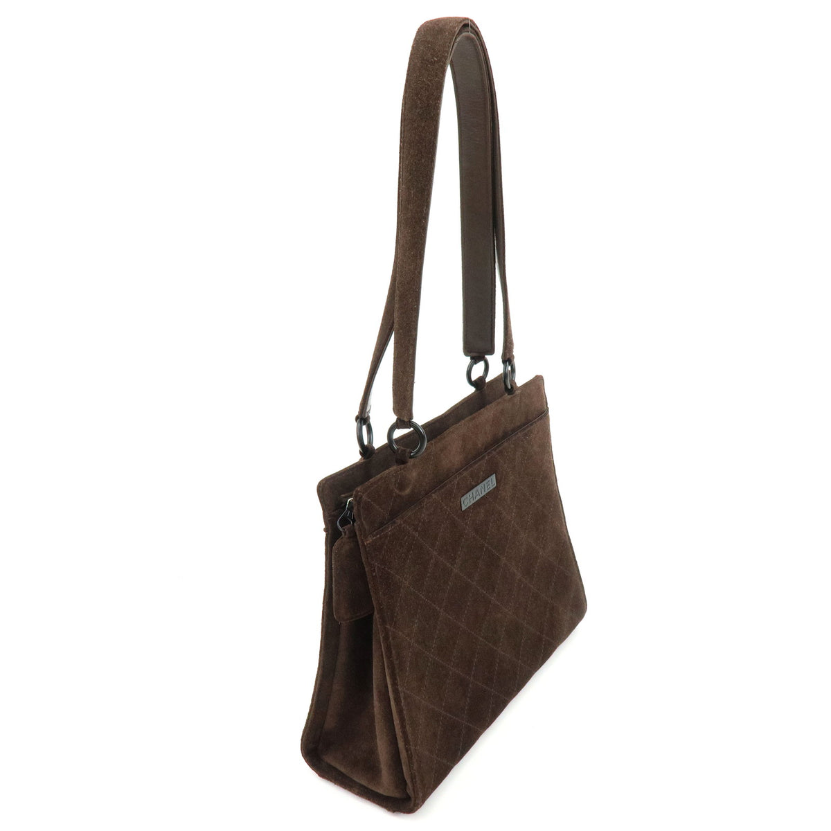 CHANEL Logo Plate Quilting Suede Leather Shoulder Bag Dark Brown Black