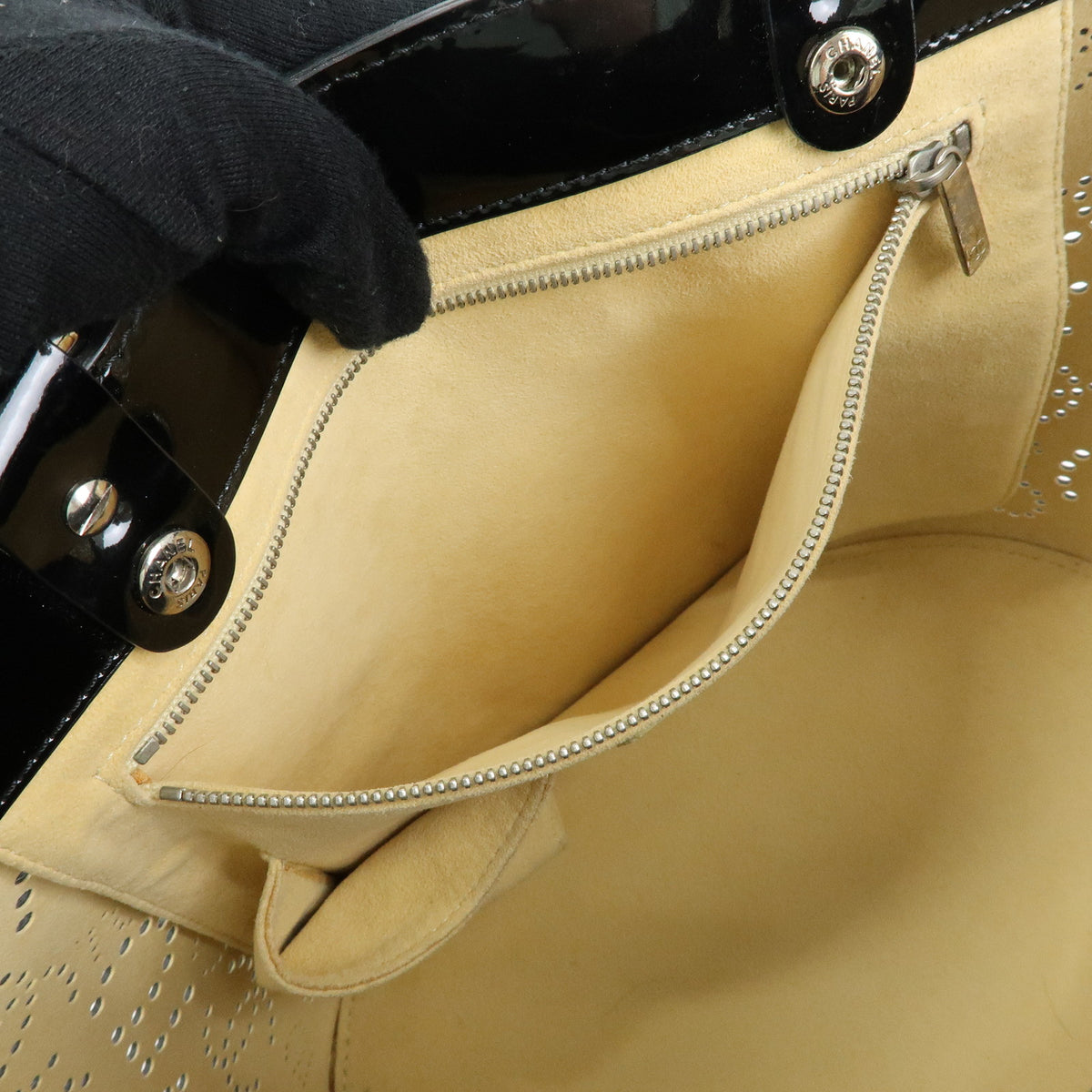 CHANEL COCO Mark Patent Leather Perforated Punching Hand Tote Bag Black
