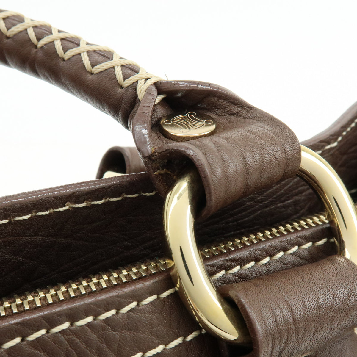 CELINE Triomphe Boogie Bag Leather Hand Bag Tote Bag Brown Ivory
