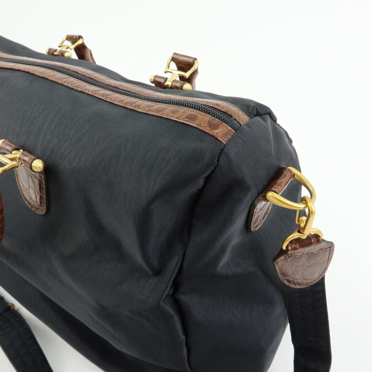 BALENCIAGA Nylon Embossed Leather Boston Bag Black Brown