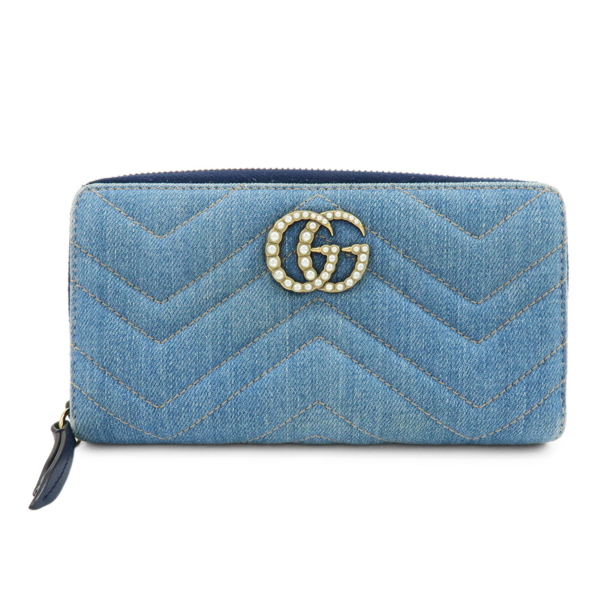 GUCCI GG Marmont Double G Denim Leather Round Zippy Wallet Blue 443123
