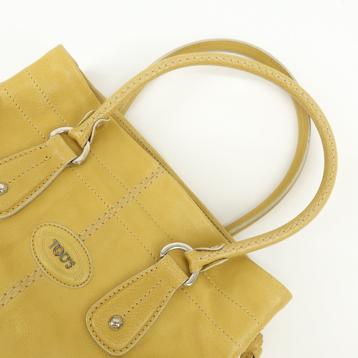 TOD'S Leather Tote Bag Shoulder Bag Hand Bag Stitches Mustard