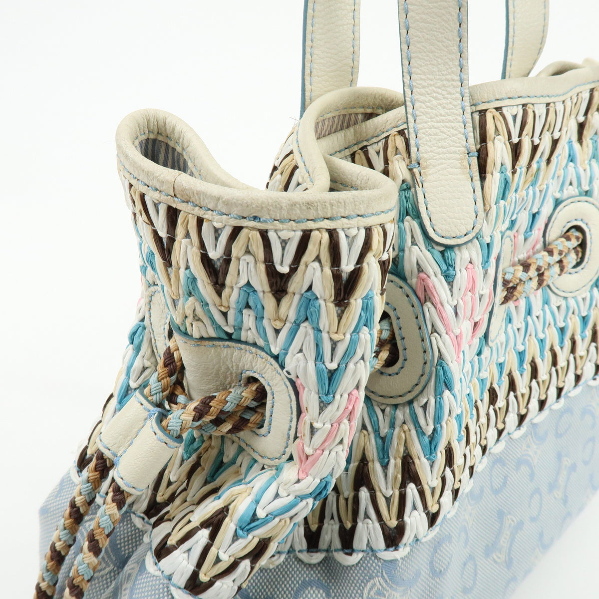 CELINE Macadam Canvas Leather Raffia Hand Bag Light Blue White