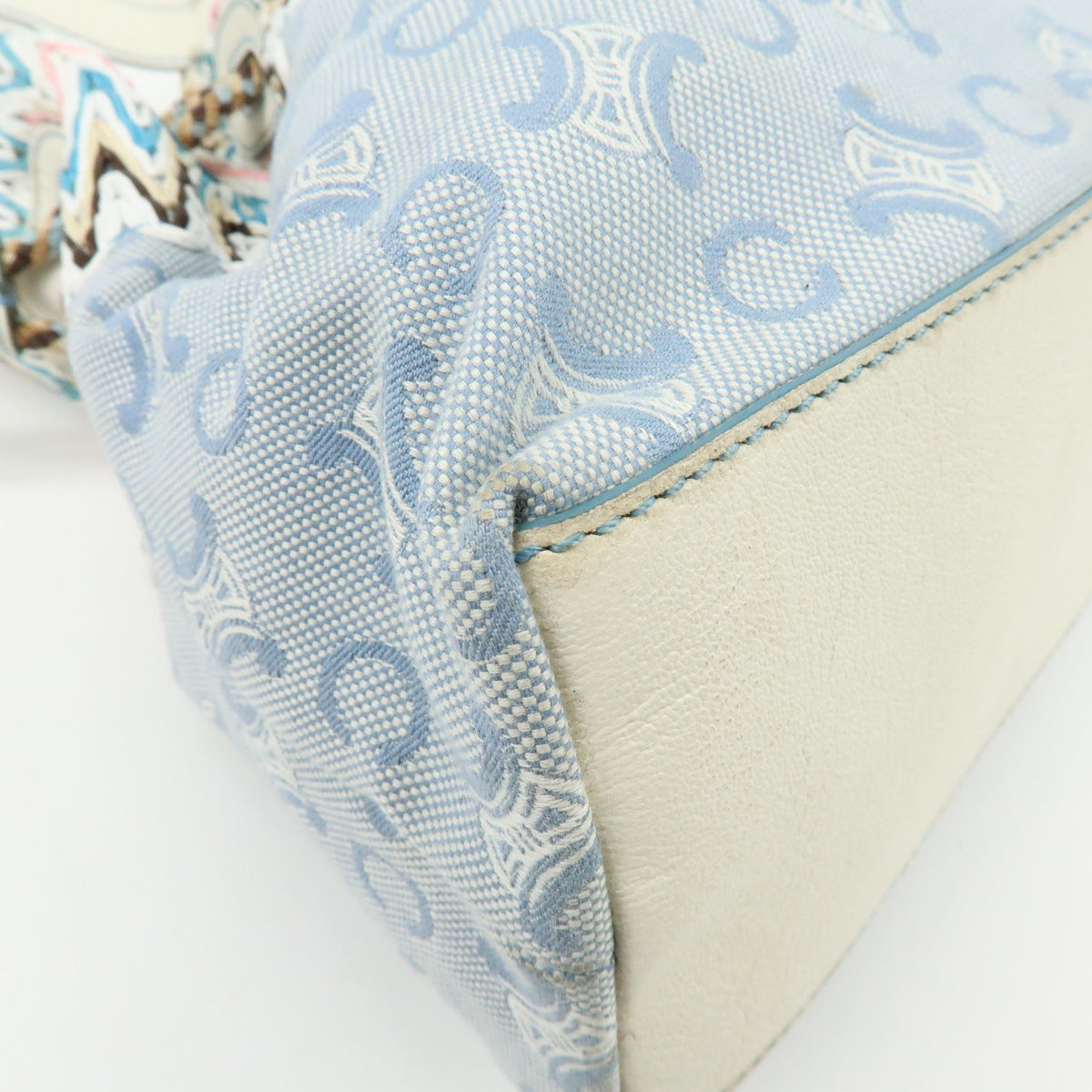 CELINE Macadam Canvas Leather Raffia Hand Bag Light Blue White
