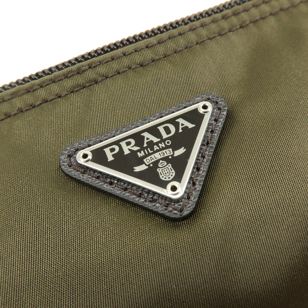 PRADA Triangle Logo Nylon Cosmetic Pouch Makeup Case Khaki Brown 1NA012