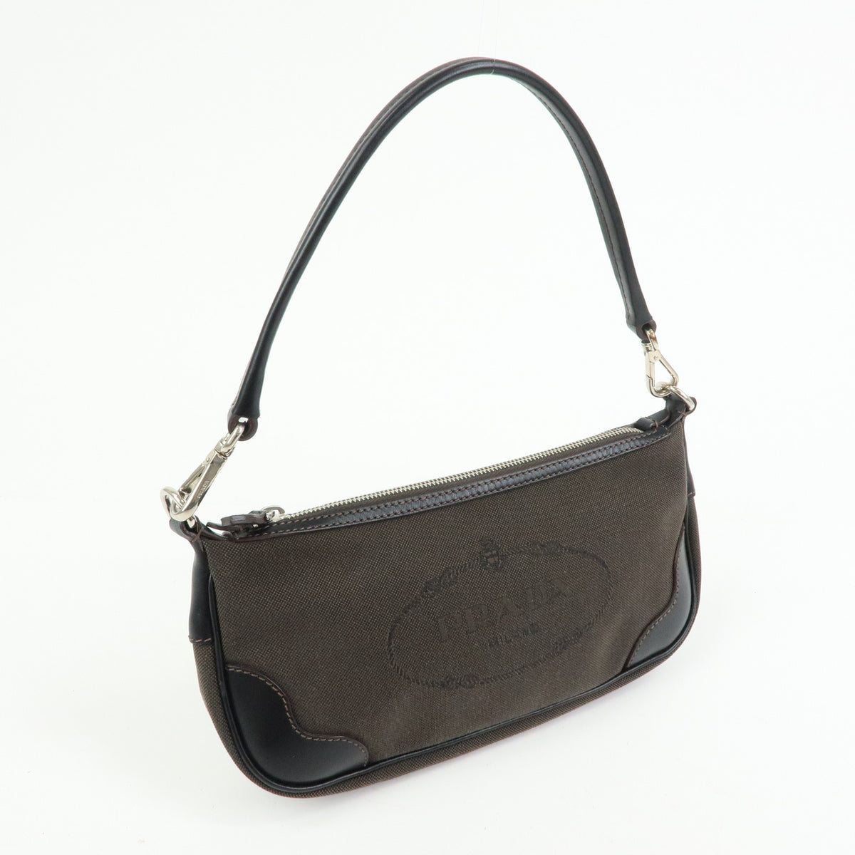 PRADA Logo Jacquard Leather Shoulder Bag Hand Bag Dark Brown