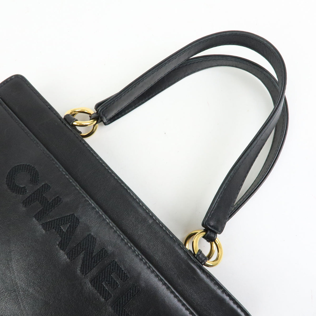 CHANEL Logo Lamb Skin Tote Bag Hand Bag Black