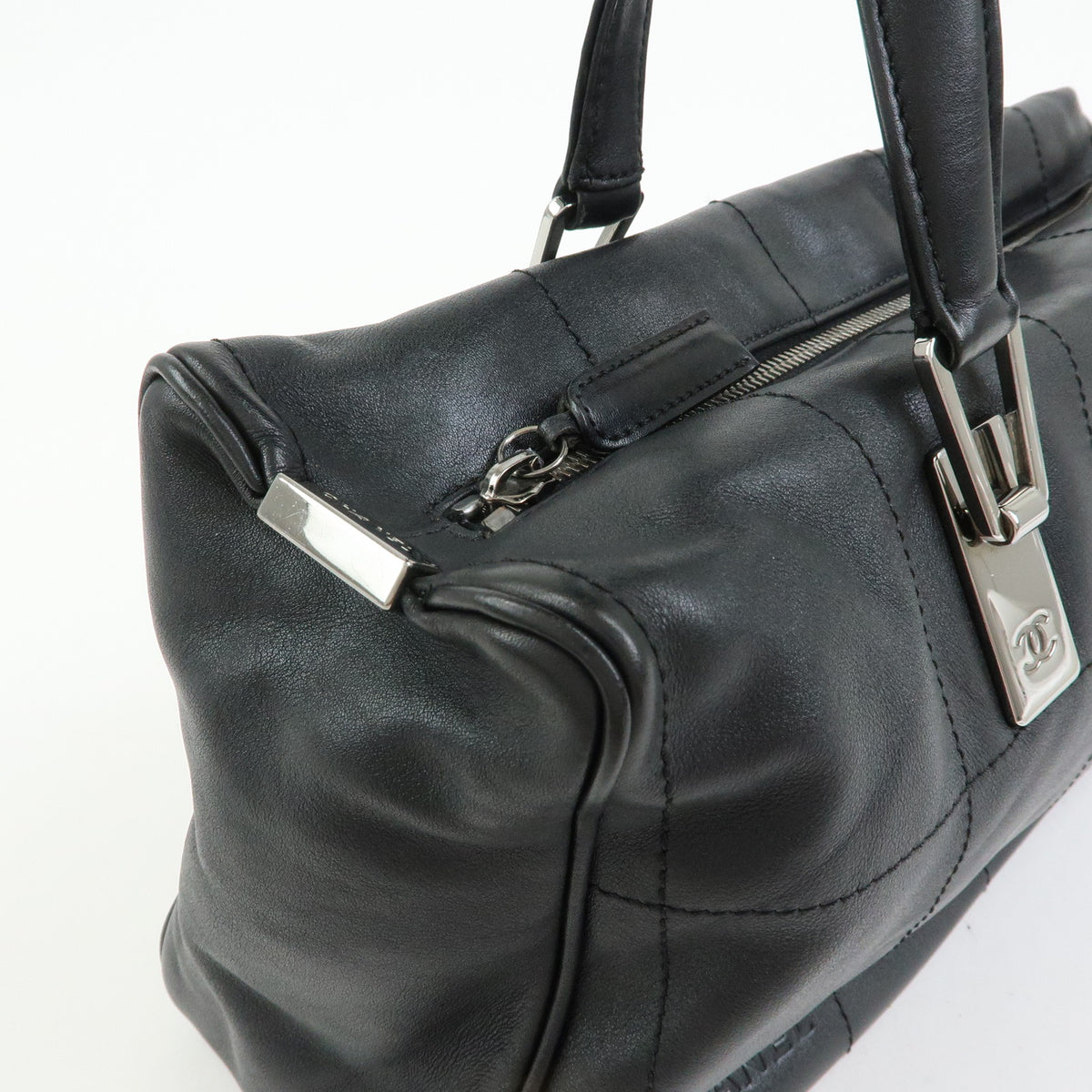 CHANEL Chocolate Bar Lamb Skin Mini Boston Bag Hand Bag Black A19989