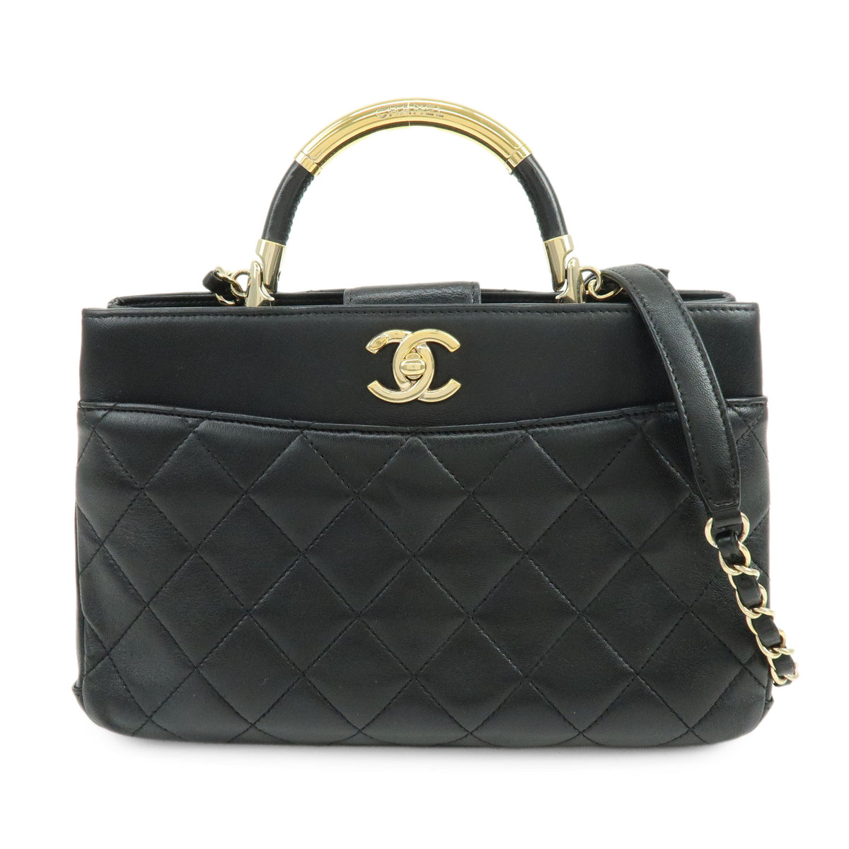 CHANEL Matelasse COCO Mark Lamb Skin 2Way Bag Hand Bag Black A92238