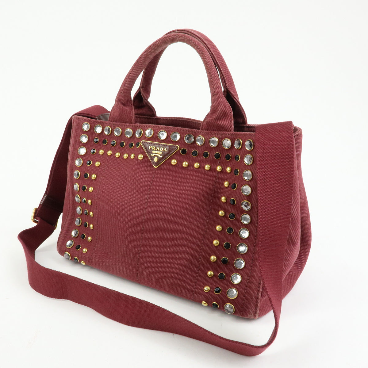 PRADA Triangle Logo Canapa Mini 2Way Tote Shoulder Bag Bordeaux B2439O