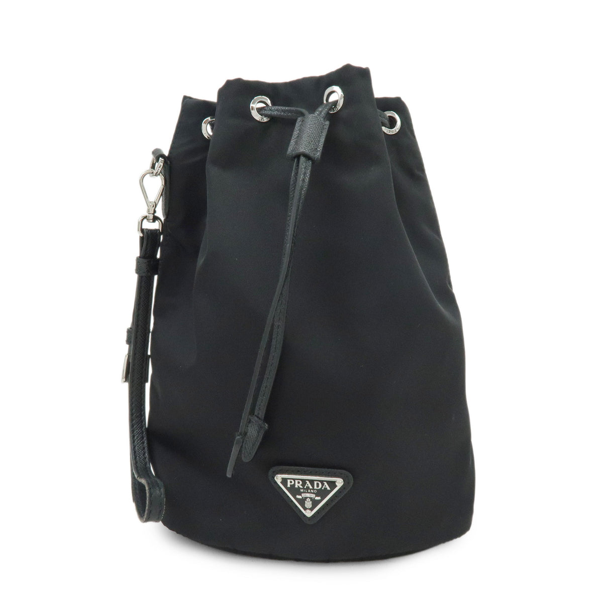 PRADA Triangle Logo Nylon Saffiano Leather Pouch Hand Bag Black 1NS369