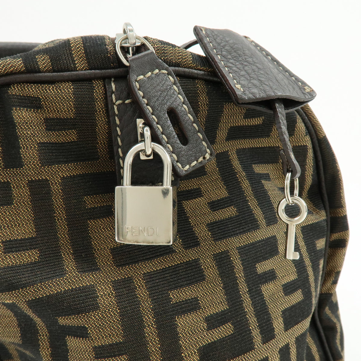 FENDI Zucca Selleria Jacquard Leather Shoulder Bag Boston Bag Brown