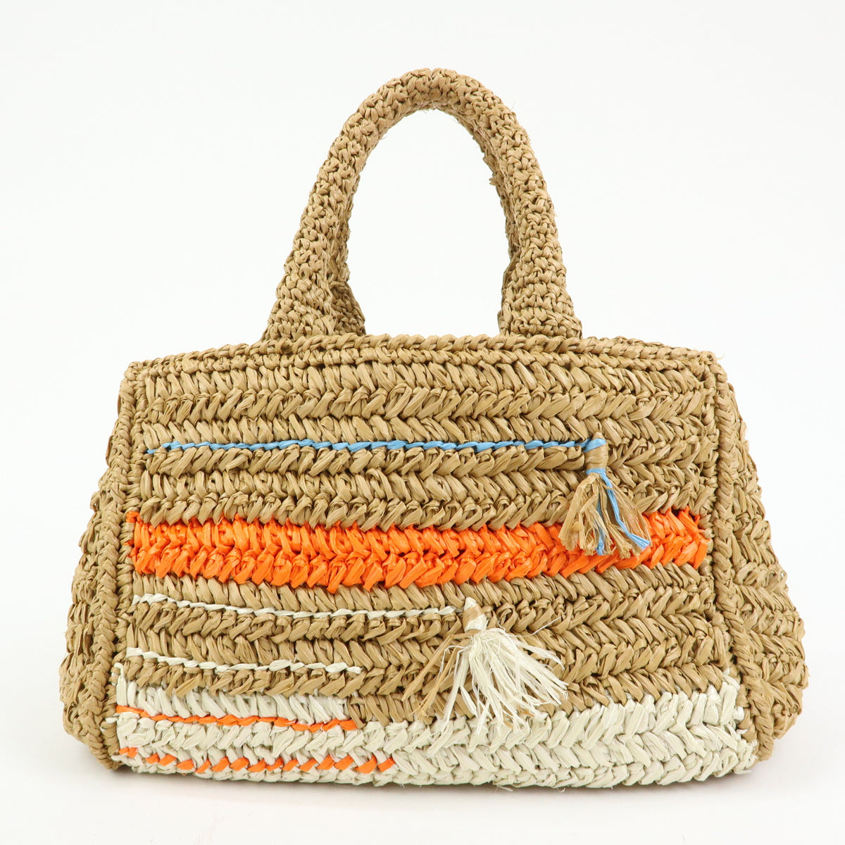 PRADA Canapa Triangle Logo Tricot Raffia 2Way Bag Camel Orange 1BG153