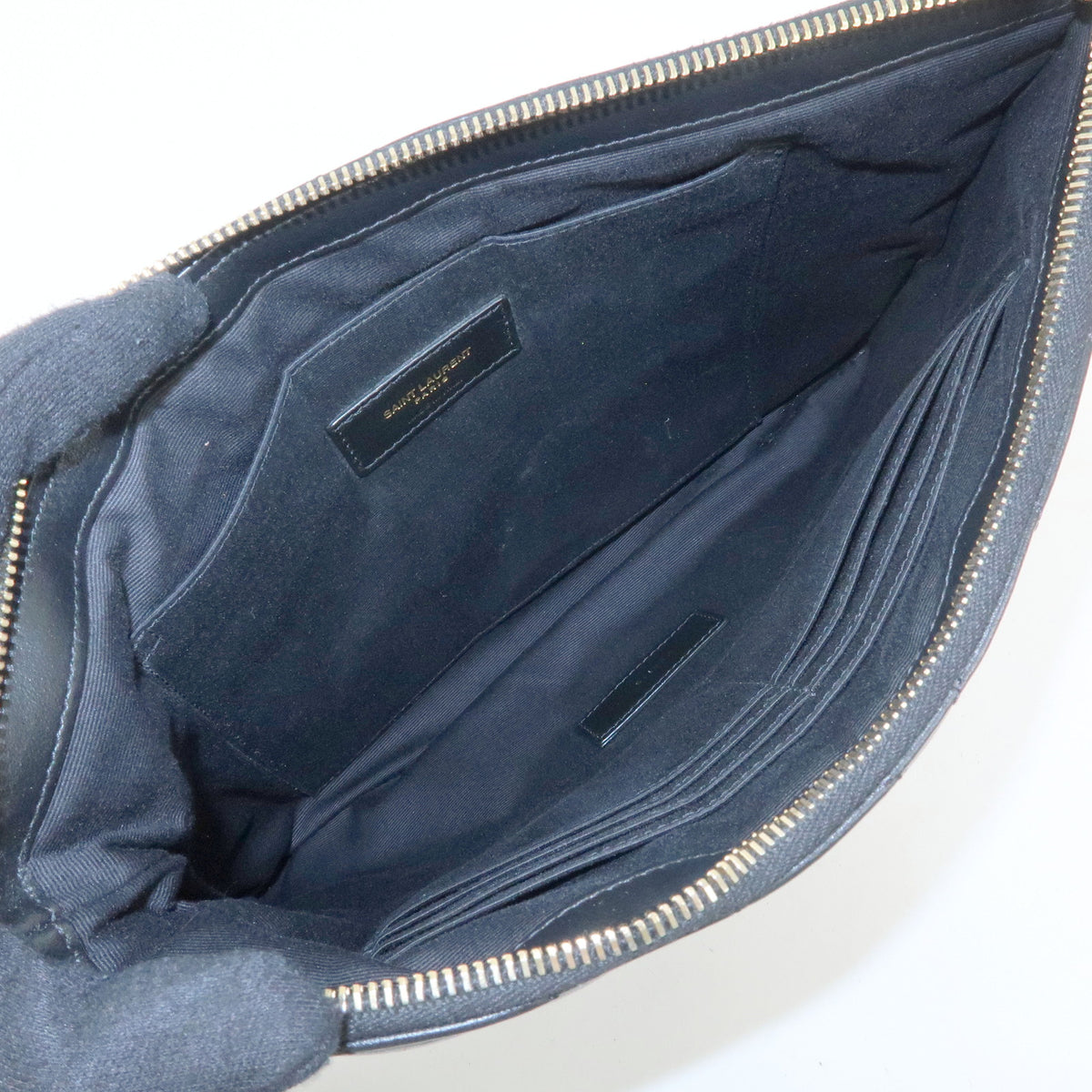 SAINT LAURENT PARIS V Stitch Leather Clutch Bag Flat Pouch Black