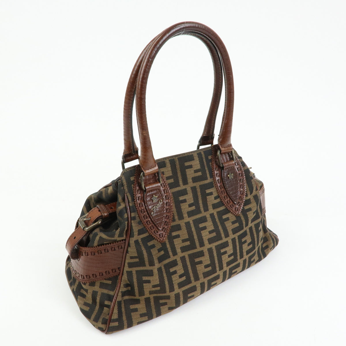FENDI Etnico Zucca Canvas Leather Tote Bag Shoulder Bag Brown 8BN157
