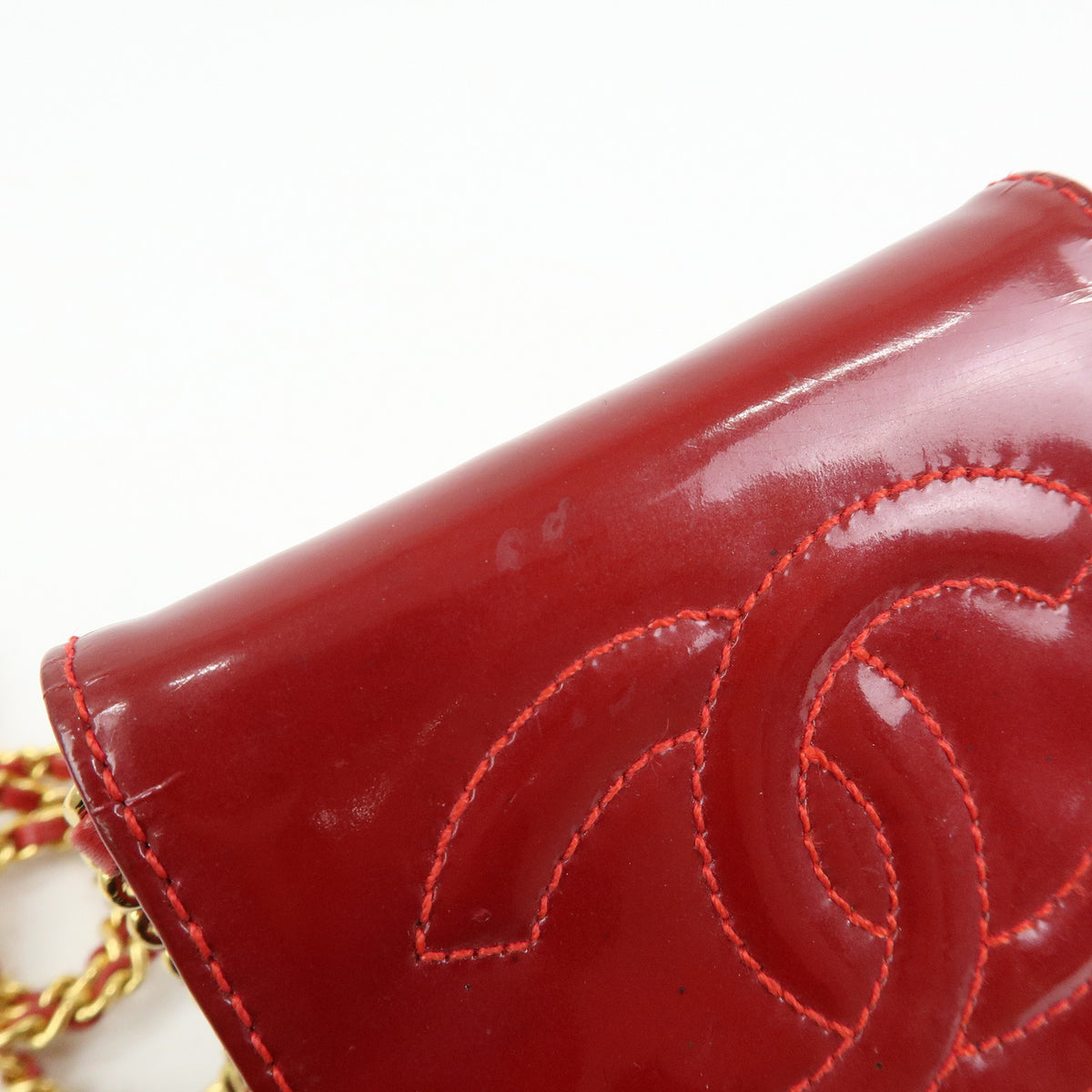 CHANEL COCO Mark Patent Leather Chain Shoulder Bag Phone Case Red Gold