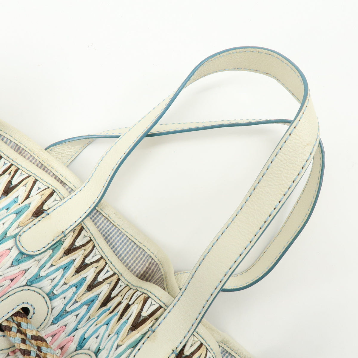CELINE Macadam Canvas Leather Raffia Hand Bag Light Blue White
