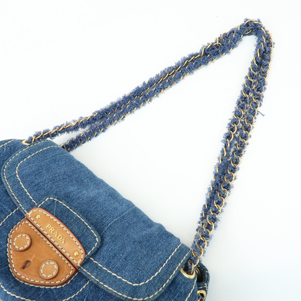 PRADA Front Flap Denim Leather Chain Shoulder Bag Blue Camel BR4659
