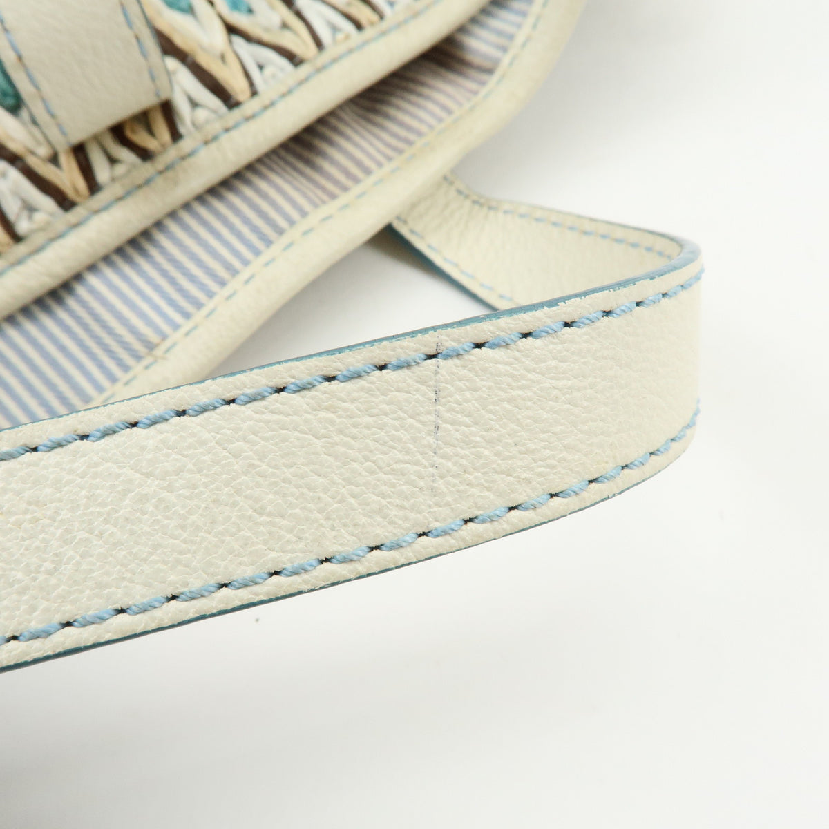 CELINE Macadam Canvas Leather Raffia Hand Bag Light Blue White