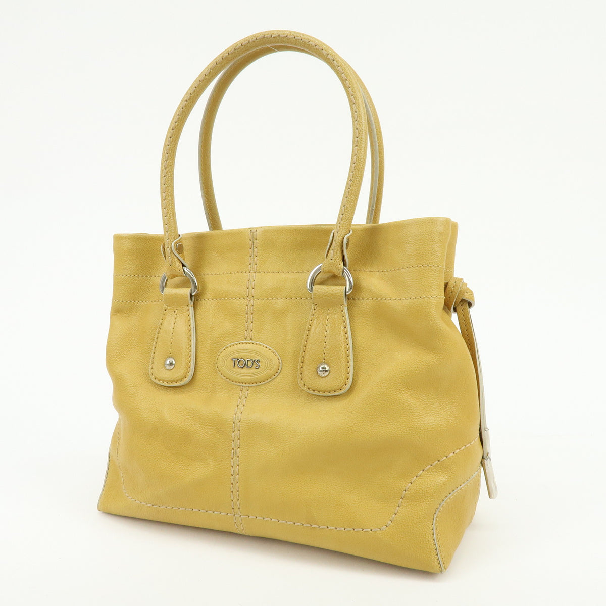 TOD'S Leather Tote Bag Shoulder Bag Hand Bag Stitches Mustard