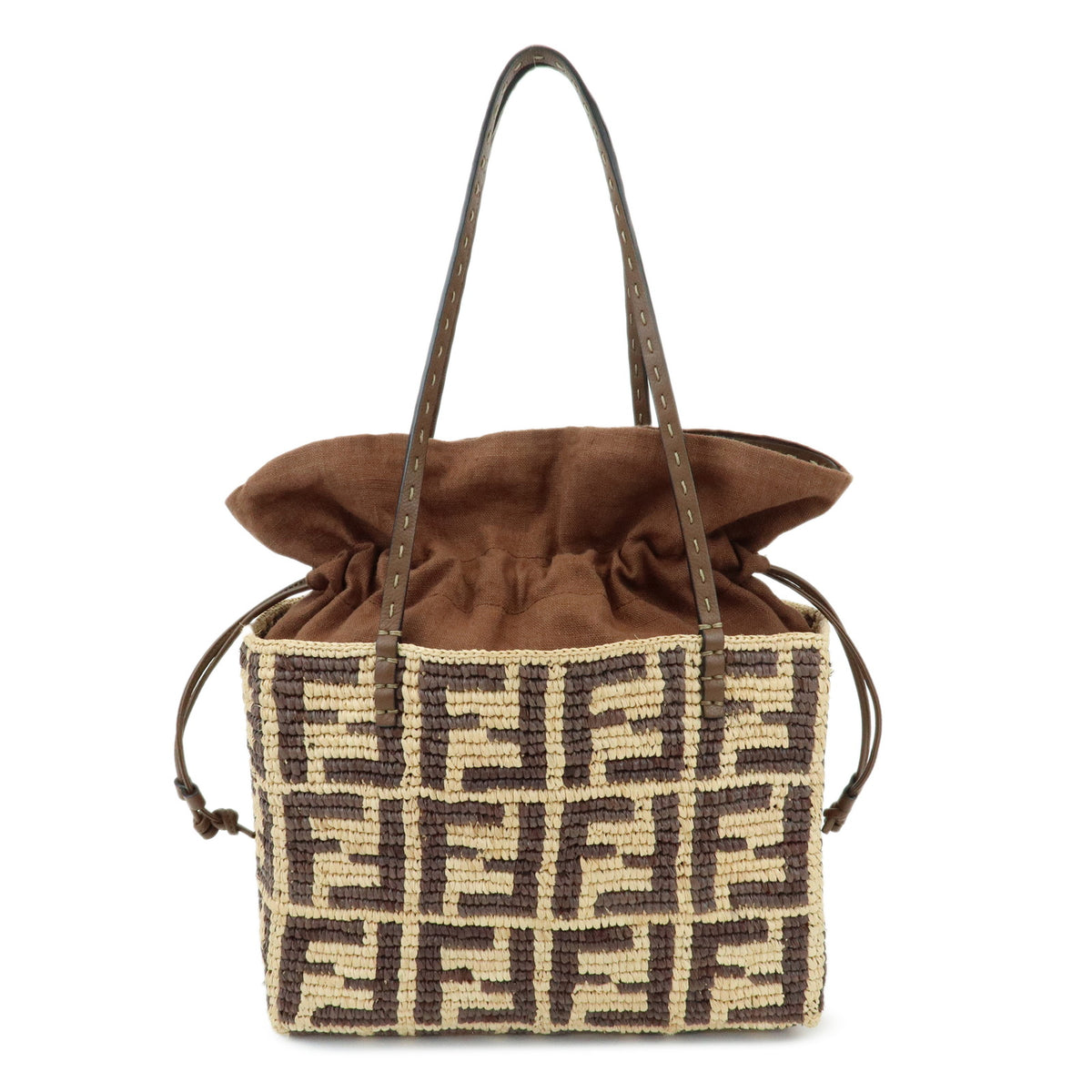FENDI Zucca Roll Small Raffia Leather Tote Shoulder Bag Brown 8BH424
