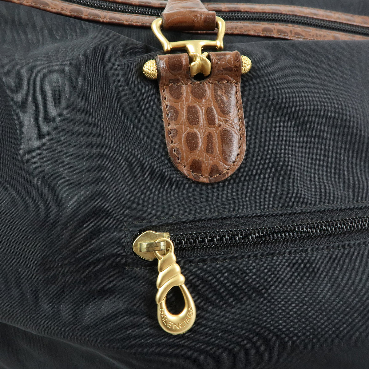 BALENCIAGA Nylon Embossed Leather Boston Bag Black Brown