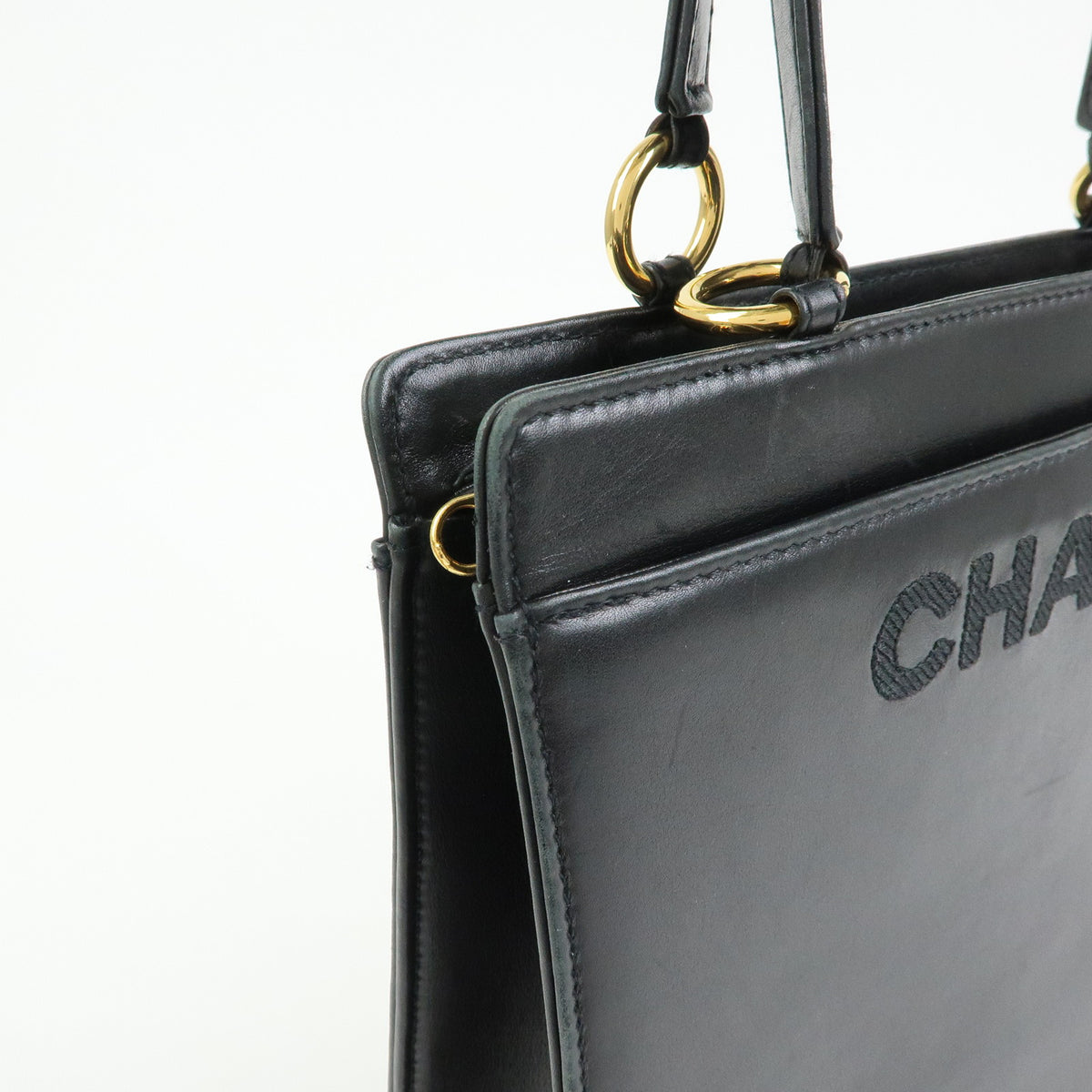 CHANEL Logo Lamb Skin Tote Bag Hand Bag Black