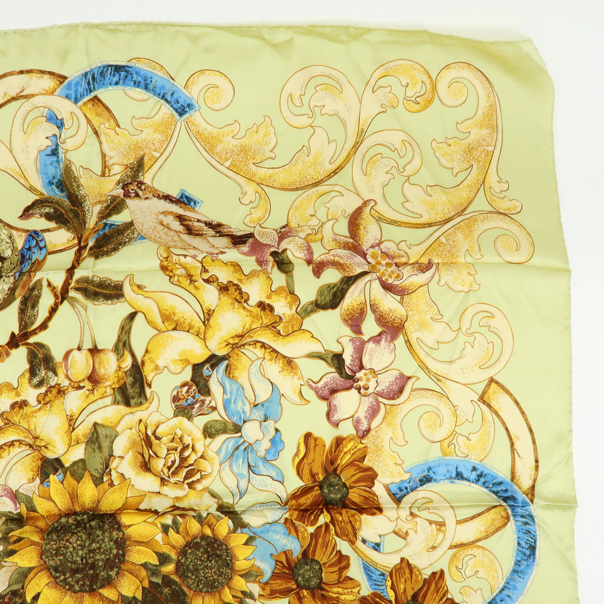 CHANEL Silk100% Sunflower Pattern Scarf Shawl Light Green
