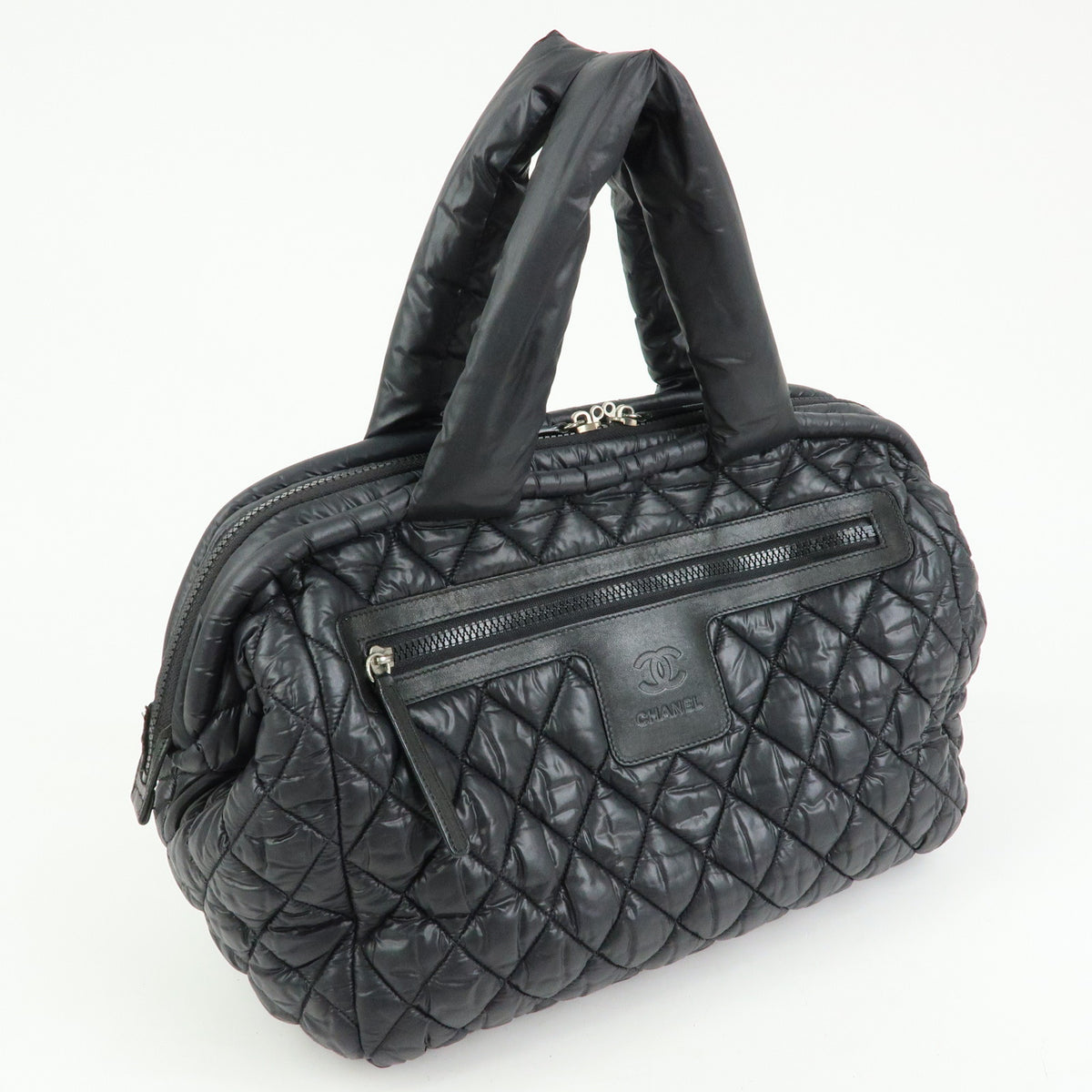 CHANEL COCO COCOON Nylon Leather Boston Bag Hand Bag Black A47205