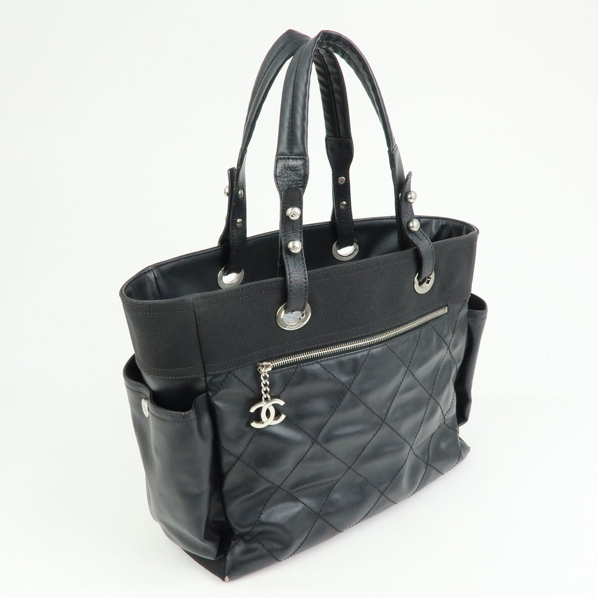 CHANEL Paris Biarritz GM PVC Canvas Leather Tote Bag Hand Bag MM A34210