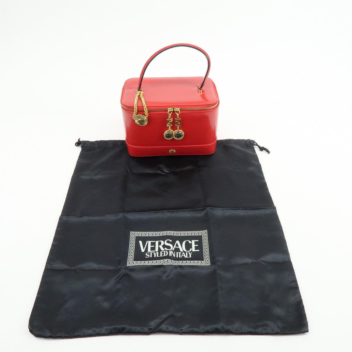 GIANNI VERSACE Leather Hand Bag Vanity Case Sunburst Charm Red