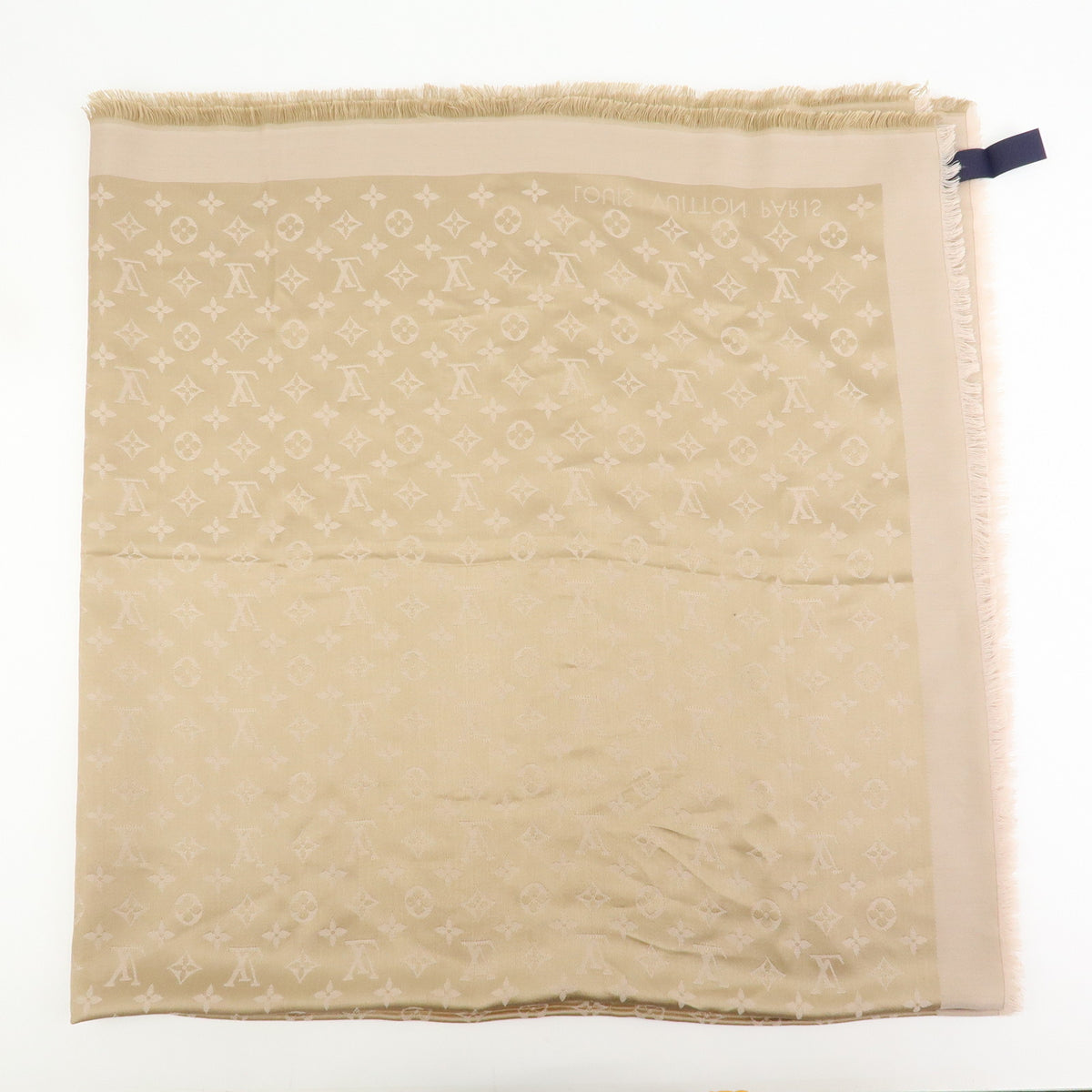 Louis Vuitton Monogram Shine Silk Wool Scarf Shawl Fringe Greige M75121
