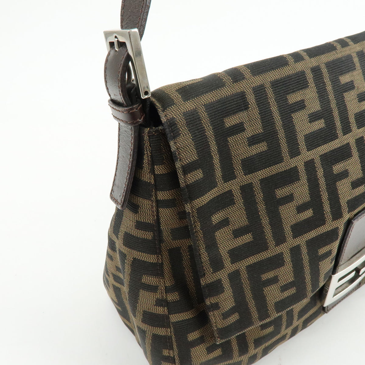 FENDI Mamma Baguette Zucca Canvas Leather Shoulder Bag Brown 26325