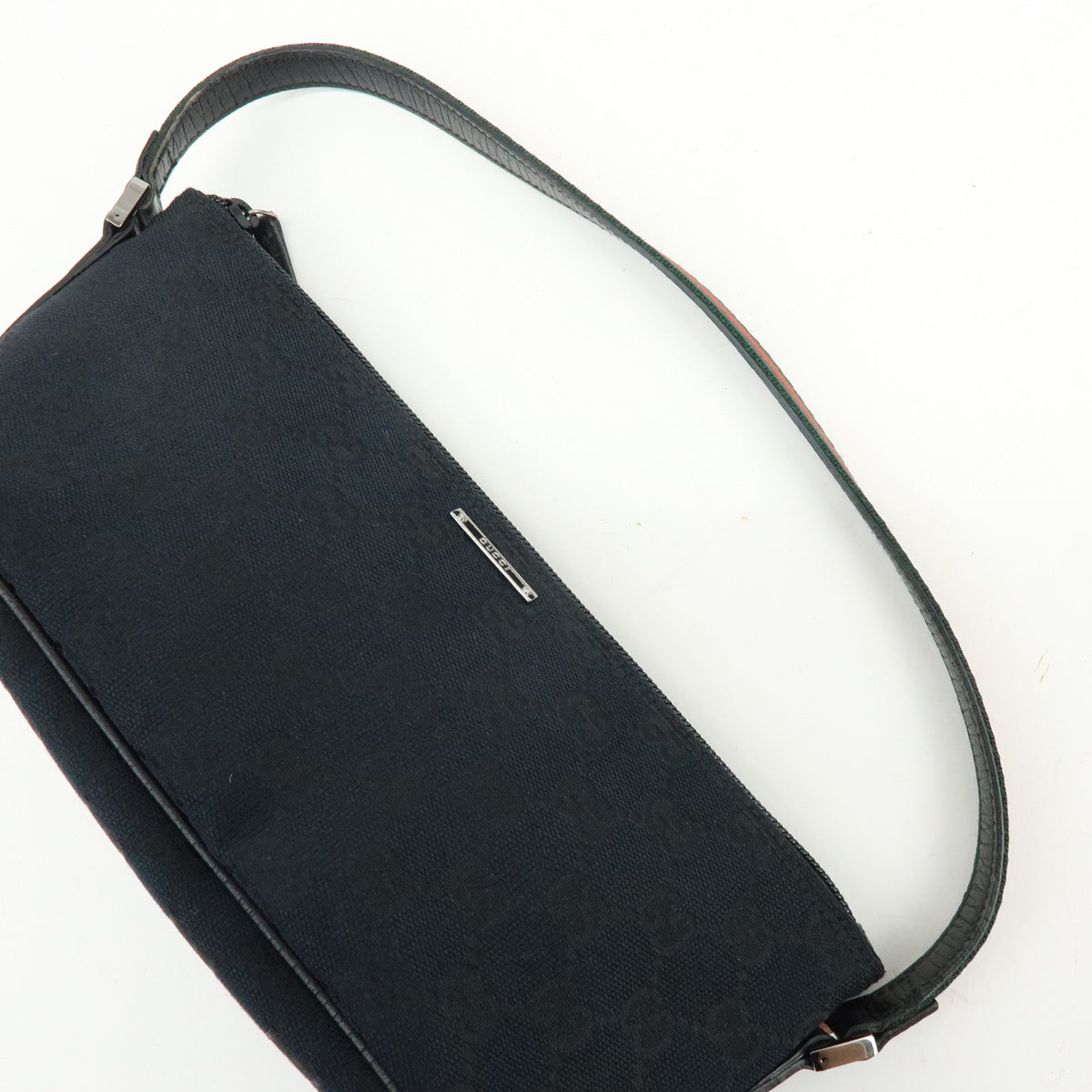GUCCI Boat Bag Sherry GG Canvas Leather Hand Bag Pouch Black 141809