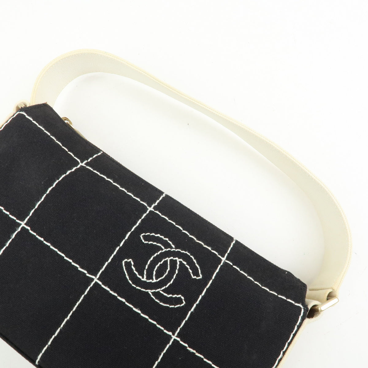 CHANEL Chocolate Bar COCO Mark Canvas Shoulder Bag Hand Bag Black White