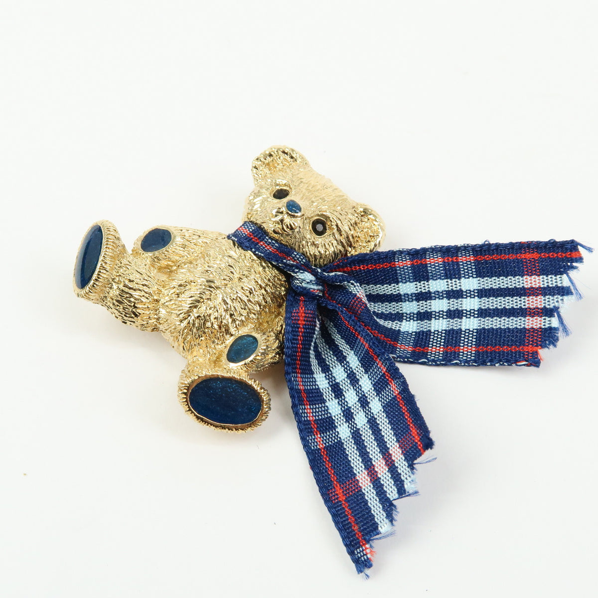BURBERRY Teddy Bear With Plaid Ribbon Metal Pin Brooch Gold