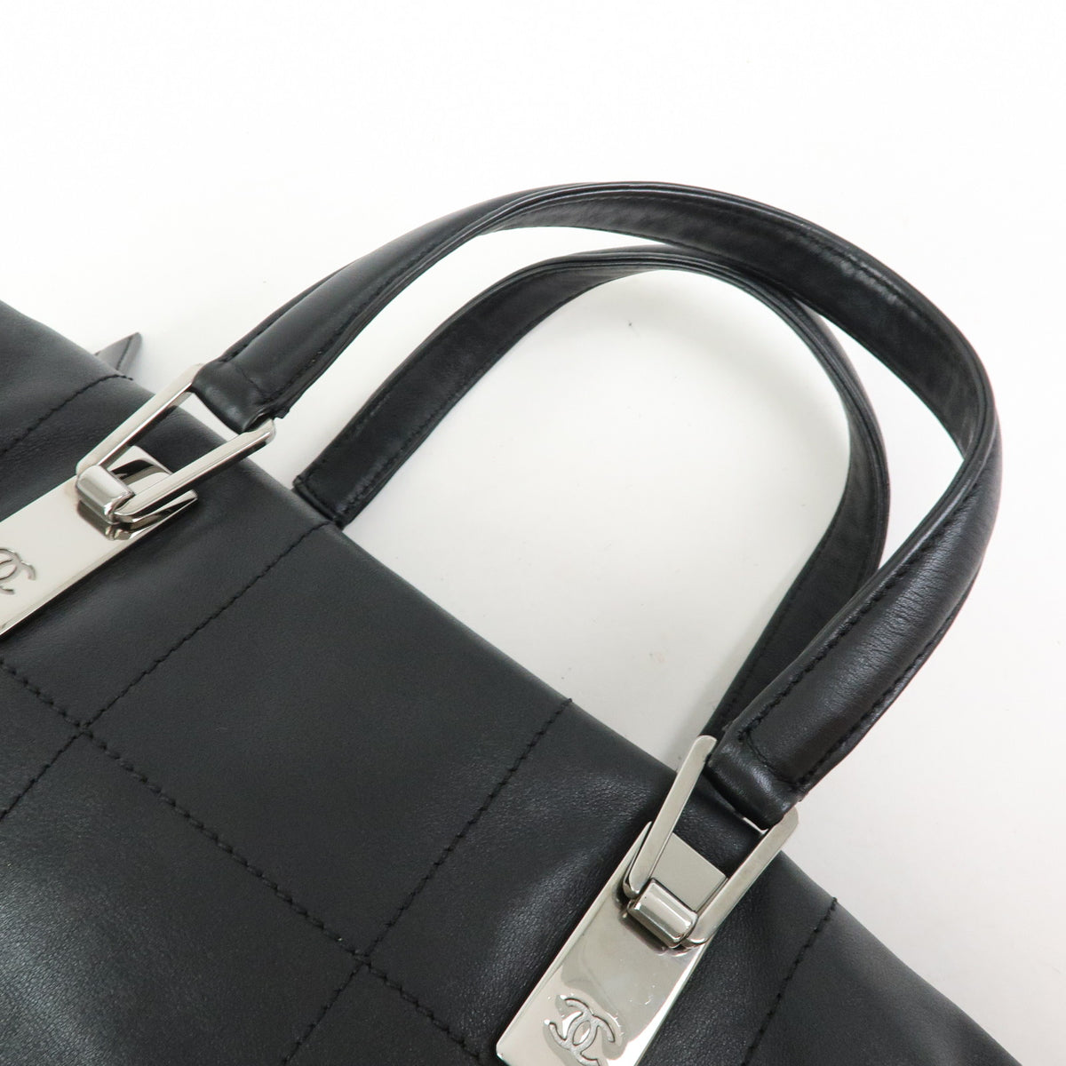 CHANEL Chocolate Bar Lamb Skin Mini Boston Bag Hand Bag Black A19989