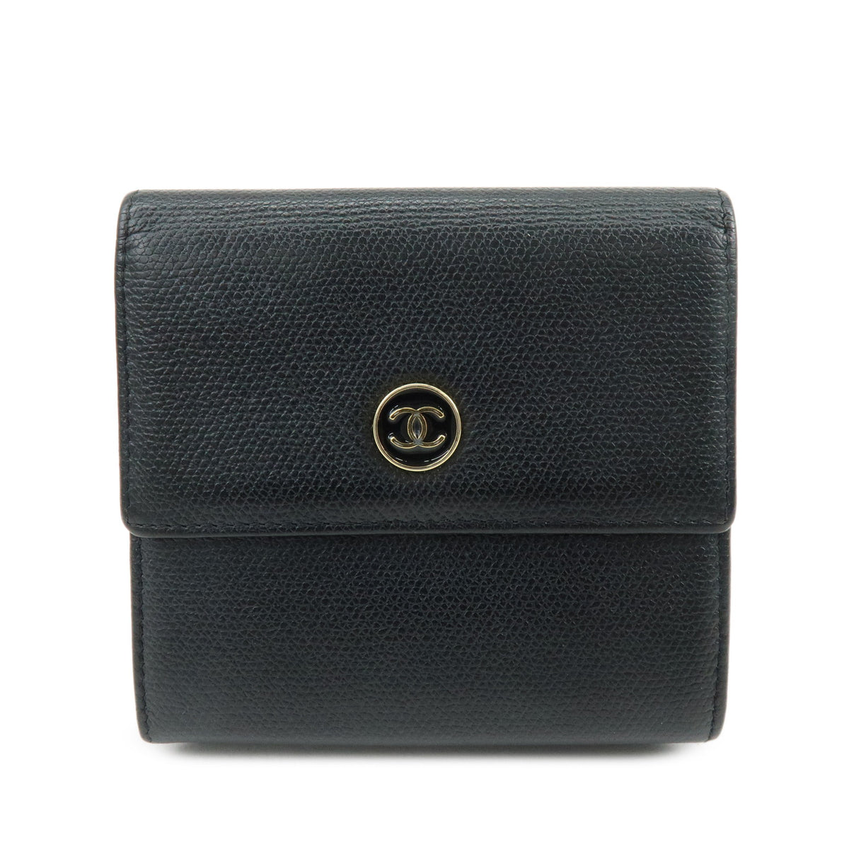 CHANEL COCO Button Calf Skin W Hook Compact Wallet Black A20902