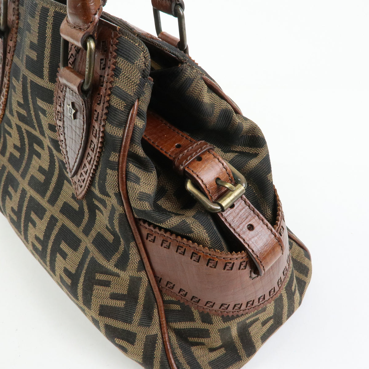 FENDI Etnico Zucca Canvas Leather Tote Bag Shoulder Bag Brown 8BN157