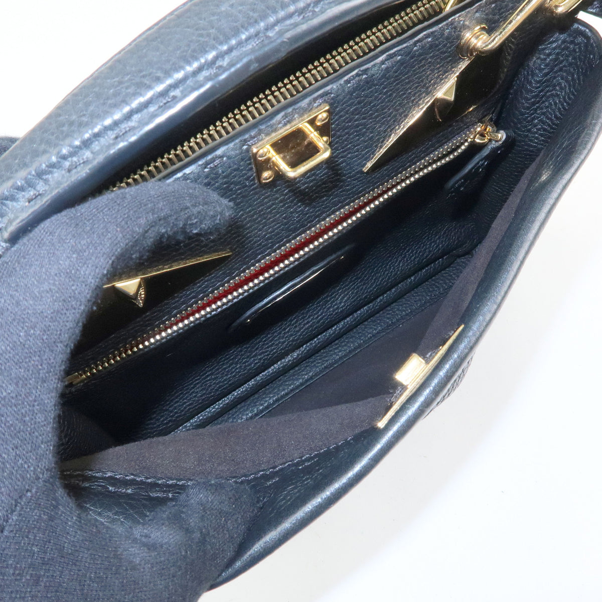 FENDI Peekaboo Seleria Calf Leather 2Way Hand Bag Black 7VA422
