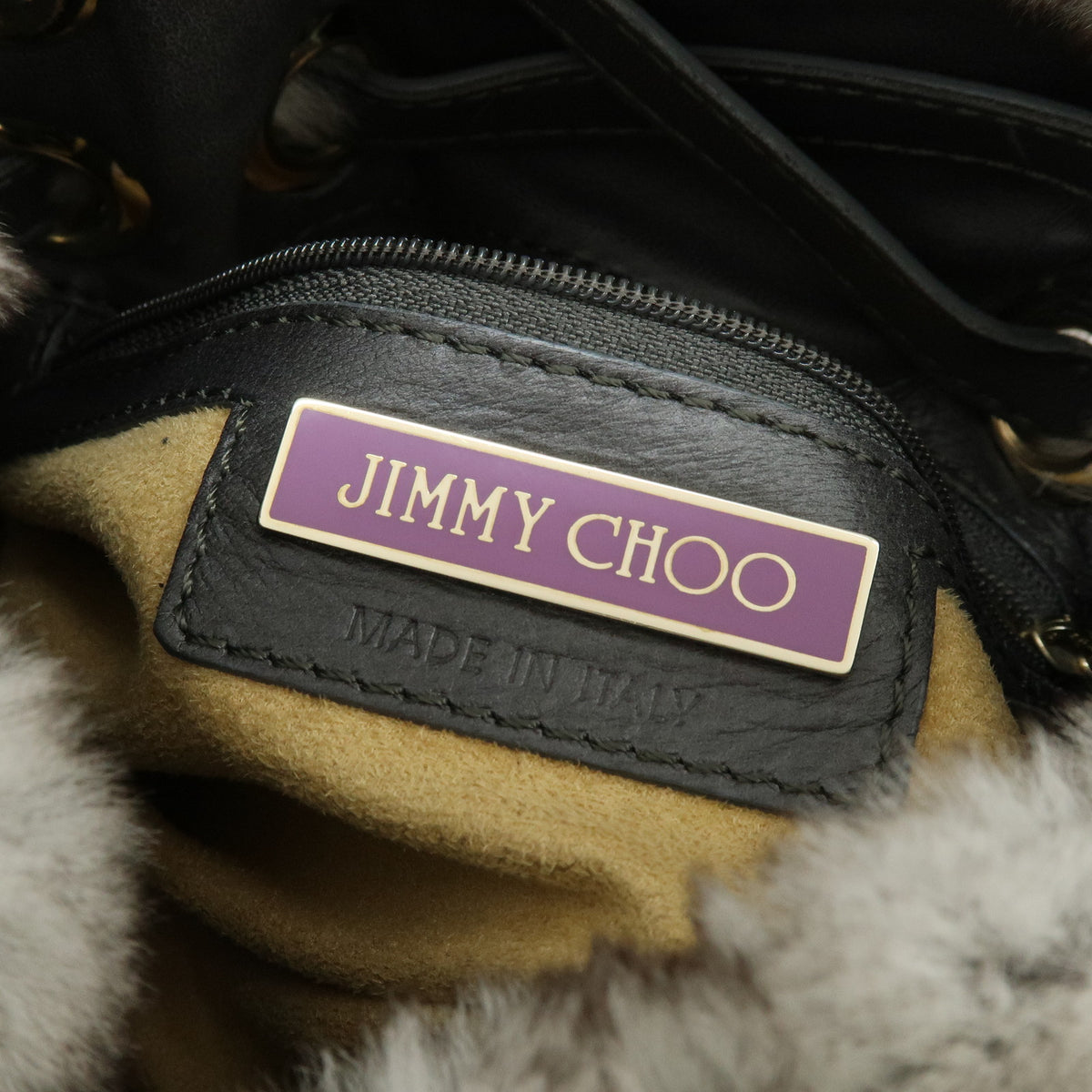 JIMMY CHOO Lapin Rabbit Fur Leather Hand Bag Tote Bag Brown Gray