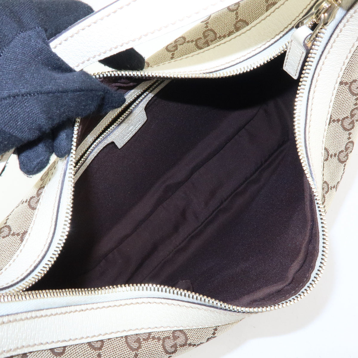 GUCCI GG Canvas Leather Shoulder Bag Hand Bag Beige White 153010