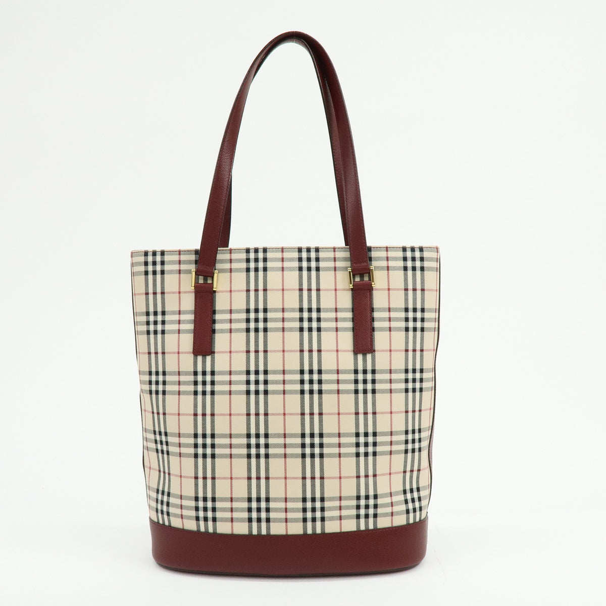 BURBERRY Nova Plaid Canvas Leather Tote Bag Shoulder Bag Beige Wine Red