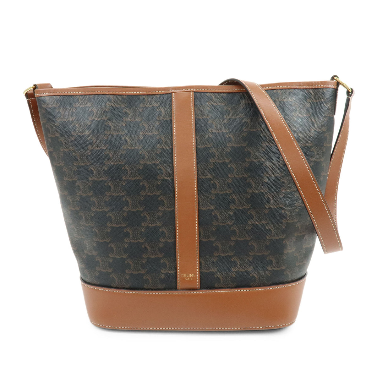 CELINE Triomphe Medium Bucket PVC Canvas Leather Shoulder Bag Tan Brown