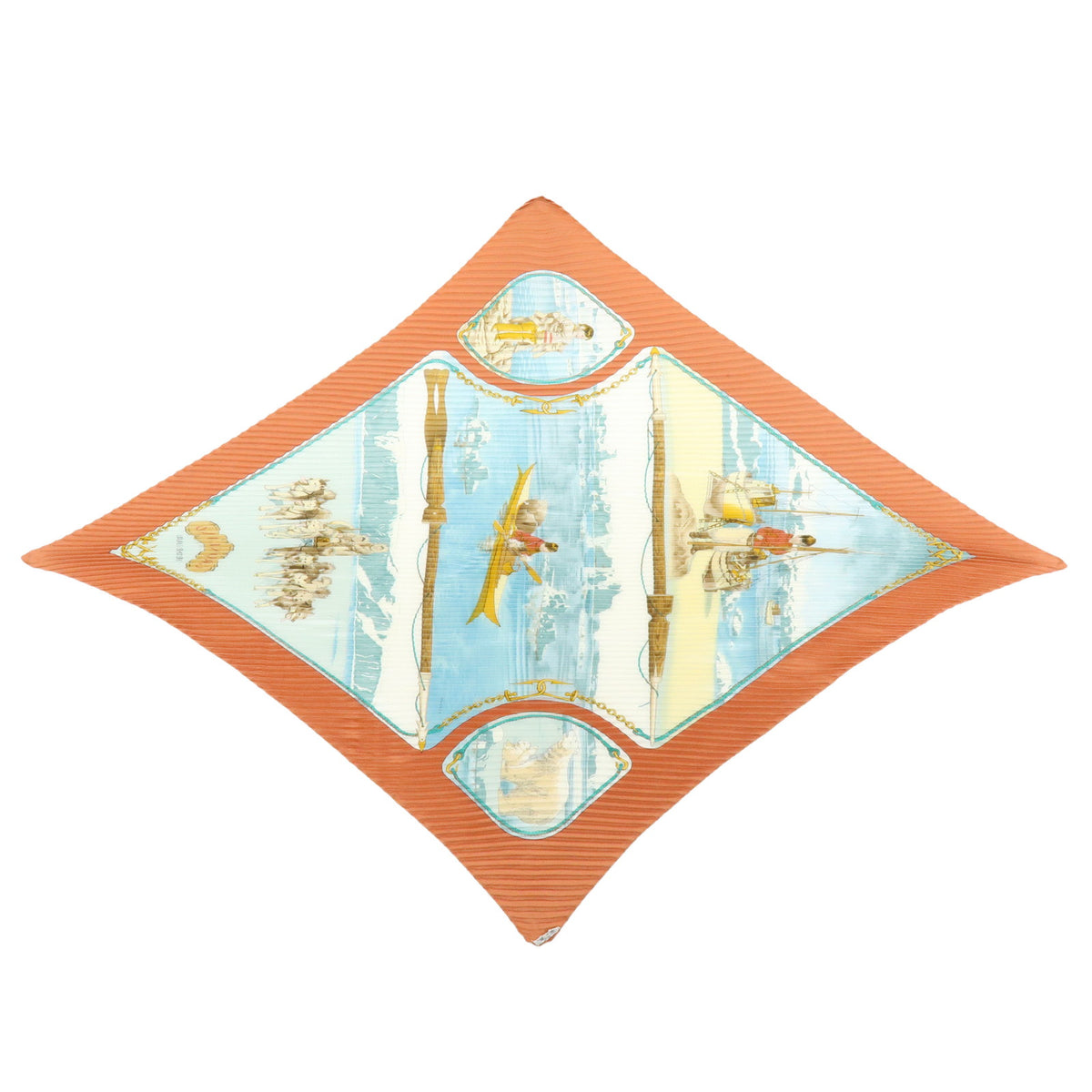 HERMES Silk100% Pleated Carre Scarf GRONLAND Brown Light Blue