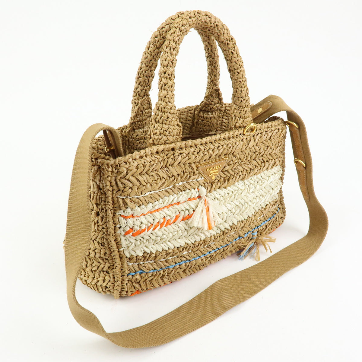 PRADA Canapa Triangle Logo Tricot Raffia 2Way Bag Camel Orange 1BG153
